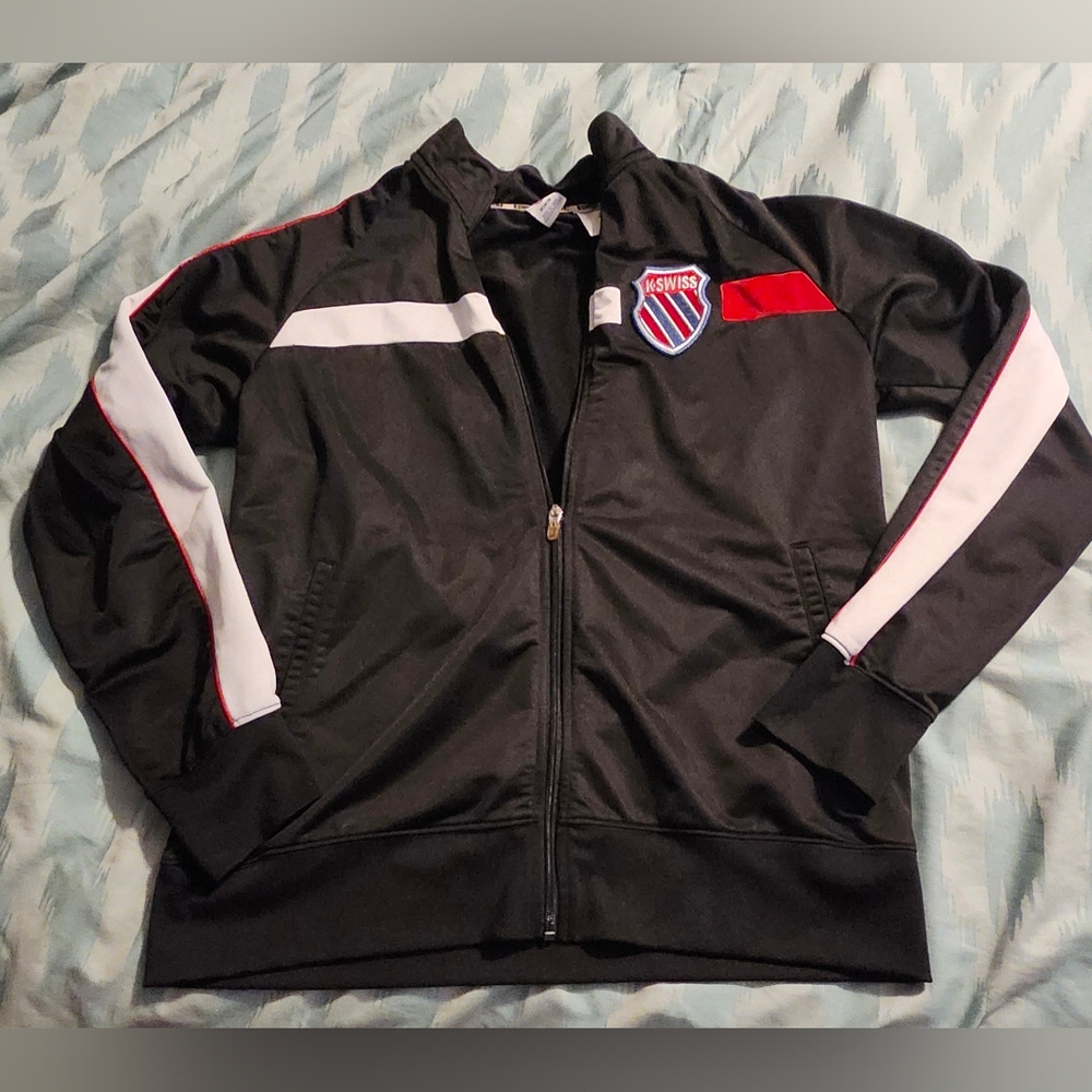 K-Swiss Black Track Jacket with Red‎ and White Stripes Men's Size Medium